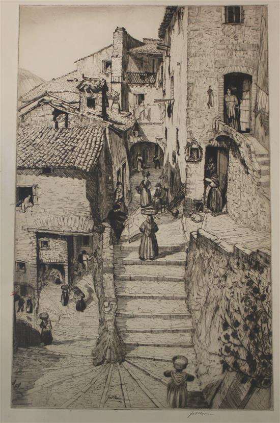 Job Nixon (1891-1938), 3 etchings, An Italian Hill Town, The Steps, Anticoli and The Piazza, Anticoli